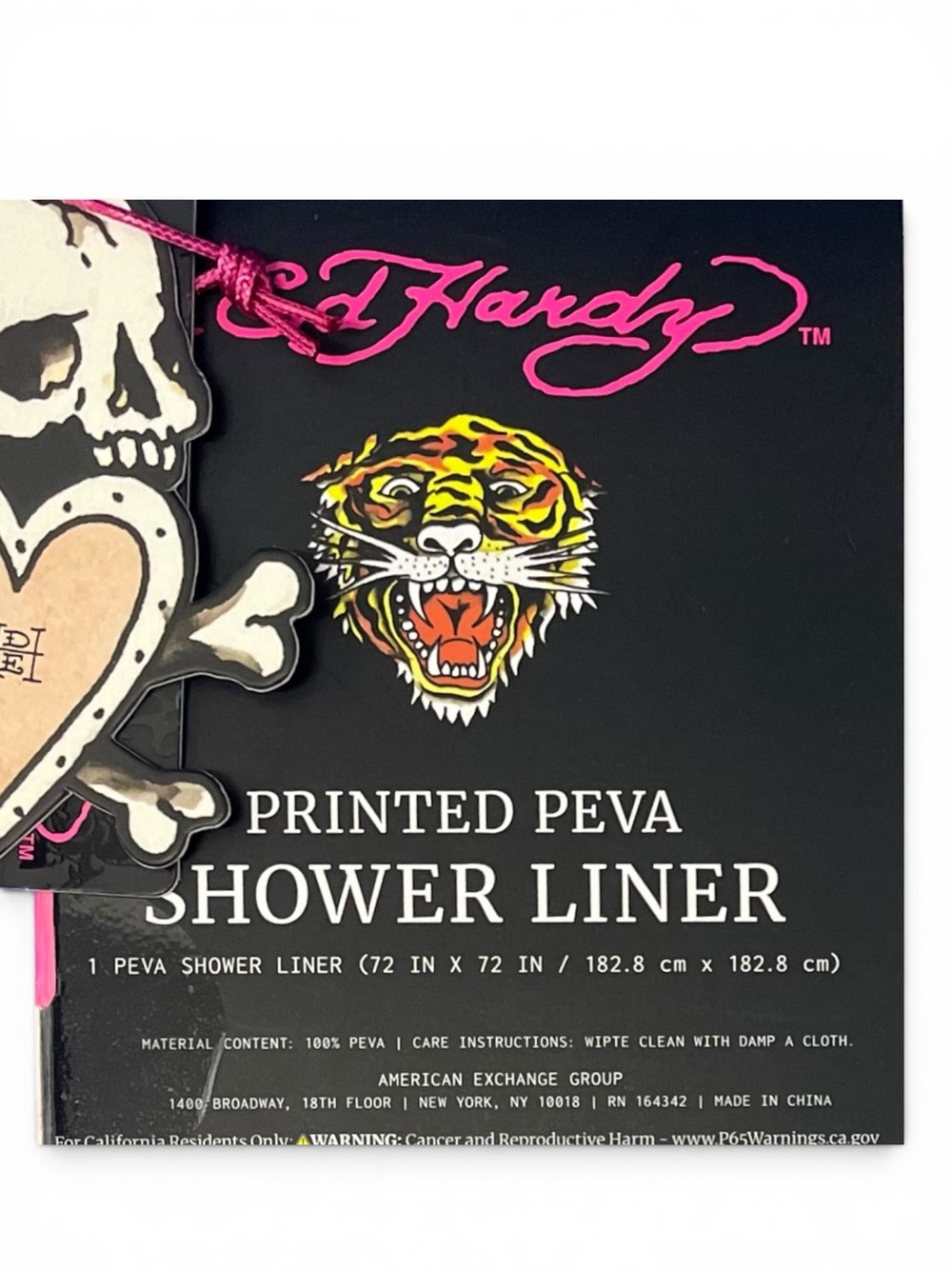 Ed Hardy Clear Shower Curtain Liner Pink Hearts Skulls Roses PEVA 72x72 NWT - Picture 5 of 5